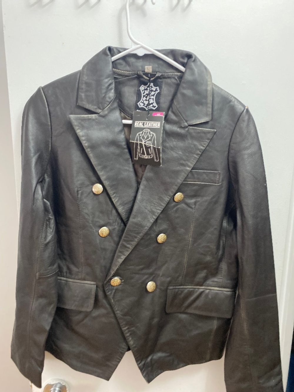 Real Leather Double Breasted Blazer Jacket Gold Buttons L